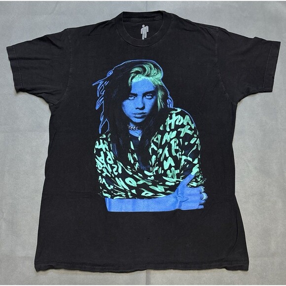 Billie Eilish Blue Green Neon Portrait Black T-Shirt Hot Topic Medium Pop Music - Picture 1 of 7